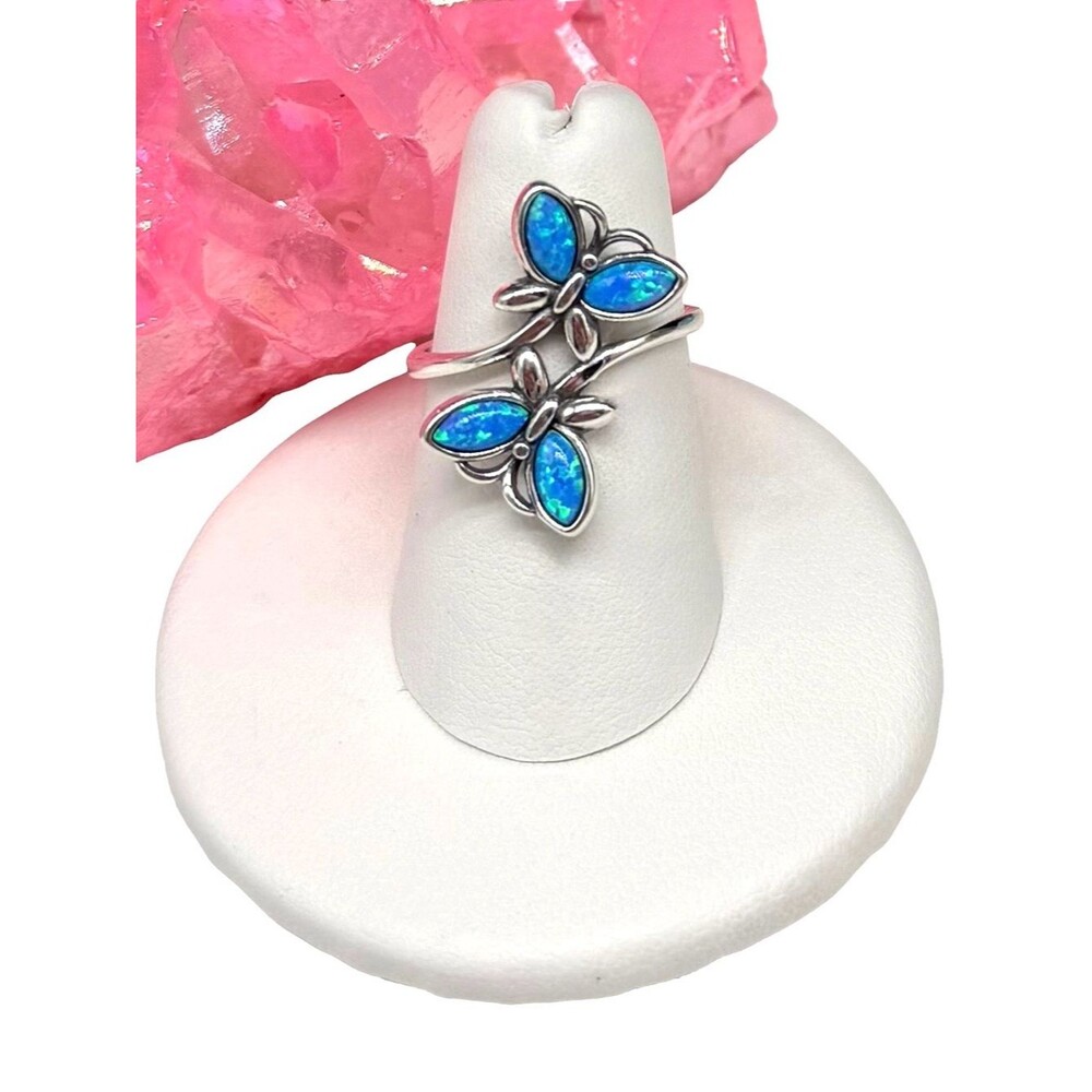 Butterfly Blue Fire Opal Ring Size 6 Solid 925 Sterling Silver Butterflies